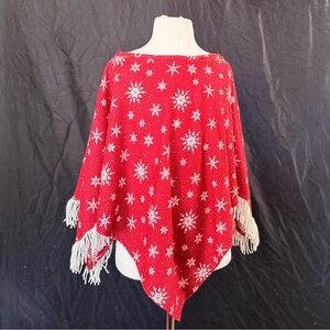 Red Snowflake Poncho with Fringe